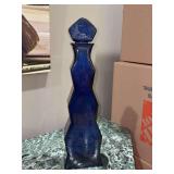 Striking vintage geometric cobalt blue glass decanter - 17” tall