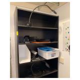 Contents of bookshelves - office baskets, (2) desktop lamps (working), hole punches