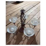Rustic bronze five-light chandelier features flared white alabaster glass shades and a twisted metal center column