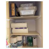 Contents of laundry room closet - paper towels, toilet paper, aluminum pans, soap, starch - ITEMS IN DOOR/BOTTOM SHELF/FLOOR NOT INCLUDED - BOX ON TOP SHELF NOT INCLUDED