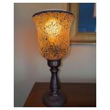 Elegant accent lamp features an amber mosaic glass shade with an antiqued bronze-finished pedestal base - 12” tall and in working condition