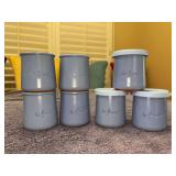 Set of (7) baby blue La Fermière ceramic yogurt pots feature a charming embossed sun design and (3) with matching blue lids - 2 are marked and were used for spices - 3-1/4” tall