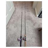 Grouping of (2) ladies fishing poles - vintage Shakespeare Lady Fish SC10 closed-face spincast fishing reel with 5’ pole - Lady Trion reel with IM-8 Graphite pole