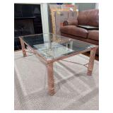 Gorgeous cast base console table with bamboo style design and beveled glass top - piece is heavy - 48 x 26 x 16 tall