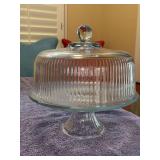 Vintage Anchor Hocking Monaco 2 in 1 Ribbed Glass Cake Plate with Dome Cover - 11”D x 11” tall to top of finial