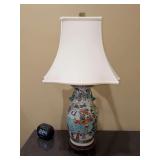 Asian-themed porcelain vase table lamp with vibrant hand-painted figural narrative scene with sculpted handles and elegant white shade - 30-1/2” tall