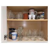 Contents of kitchen cabinet - mugs, lidded mugs, stemware, wine tumblers