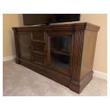 Parker House solid wood entertainment console - drop down center at top, 2 drawers and 2 glass door side units - 64 x 19-3/4 x 32 tall - scuffing at bottom of left hand door