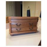 Light oak 2-drawer jewelry chest with mirrored top - 15 x 10-3/4 x 8-3/4 tall