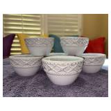 Set of (6) Skyros Designs Alegria Simply White ceramic stoneware dessert bowls featuring an embossed diamond and rope rim pattern - 4-1/4”D x 2-1/1” tall