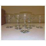 Set of (8) 6 Vintage Crystal Wine Glasses with Beautifully Pressed Floral Design - 5-1/2” tall and one tiny chip - also includes quilted/divided carrier