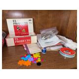 Grouping of sewing notions - buttons, patterns, ribbon, fabric, thread and more
