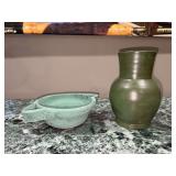 2 pieces of green toned pottery - left is unmarked and right is marked Mexico - bowl is 5-3/4D x 2-1/4 tall and right is 7” tall