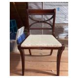 Vintage Duncan Phyfe-style mahogany aide chair features a classic X-back design and scrolled arms with rosette details - 20-1/2 x 16 x 16 x 19 tall to seat (34 tall overall)