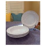 Set of (4) Skyros Designs Alegria Simply White ceramic stoneware pasta bowl featuring an embossed diamond and rope rim pattern - 10-1/4”D x 2” tall