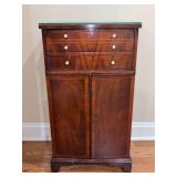 Vintage Federal-style mahogany and satinwood-inlaid small cabinet with glass overlay, (2) upper drawers above a double-door lower storage compartment - 18-1/2 x 13-1/4 x 34-1/4 tall