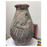 Vintage earthenware studio art pottery vase featuring an incised low-relief carved bird motif with an earthy, multi-toned mottled glaze - 17” tall