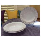 Set of (4) Skyros Designs Alegria Simply White ceramic stoneware pasta bowl featuring an embossed diamond and rope rim pattern - 10-1/4”D x 2” tall - one more was found and included