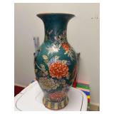 Vintage Chinese porcelain decorative vase featuring a teal green ground and hand-painted multi-colored floral and bird motifs - 16-1/4” tall