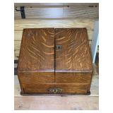 Antique quarter-sawn oak tabletop desk or stationery box - 12-1/2 x 6-3/4 x 10-1/2 - with key but lock needs reattached (in drawer)