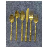 (3) 6-piece place settings of National Escapade gold-tone bamboo stainless flatware - total of 18 pieces - dinner forks, salad forks, knives, soup spoon, teaspoon and tablespoon
