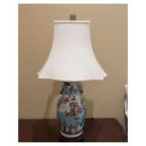 Asian-themed porcelain vase table lamp with vibrant hand-painted figural narrative scene with sculpted handles and elegant white shade - 30-1/2” tall