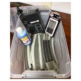 Clear storage container with HO Gauge Bachman E-Z Track and Railpower 1300 Throttle Controller