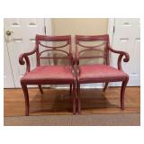 Set of (2) Duncan-Phyfe style dining armchairs with red woven upholstery seating - 22-1/2 x 19 x 19 tall to seat (36 tall overall)