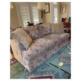 Pastel abstract sofa featuring a textured chenille upholstery with soft pink, purple, and blue geometric accents - 78 x 24 x 20 tall to seat (36 tall overall)