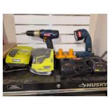 Assorted RYOBI battery powered tools, batteries and chargers (all chargers do power up - all but 1 battery needs charged) - includes sander, drill and flashlight (battery charged and light works)