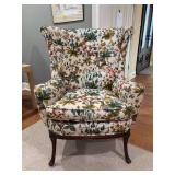 Custom upholstered wing back chair - upholstery done by Isbell-Gerhardt & Associates - animal & floral design