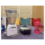 Grouping of (3) small kitchen appliances - all in working condition - Osterizer 10-speed blender, Oster waffle maker and Bodim French Press