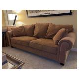 Nice looking soft cozy brown corduroy sofa featuring comfortable plush cushions and matching throw pillows - 88 x 27-1/2 x 18 tall to seat (31 tall overall)