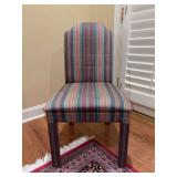 Fully upholstered high-back dining side chair with a colorful vertical striped pattern in muted red, blue, and tan tones - small stain on back and seat (see pics ) - 19-1/2 x 18 x 18-1/2 tall to seat 