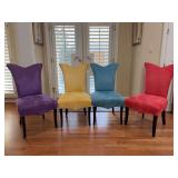 Set of (4) velvet accent dining chairs featuring dramatic high-scalloped wingback silhouette and dark tapered wooden legs - purple, turquoise, coral and yellow