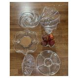 Grouping of clear acrylic serving bowls & platters - also includes styrofoam fall harvest centerpiece decor - front row center is brand new