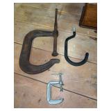 Grouping of (2) C clamps and 1 garage screw-in Hook