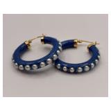 14K Gold Hoop Earrings with Lapis Lazuli and Pearls
