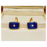 Faberge 18K Yellow Gold Blue Enamel Diamond Cufflinks