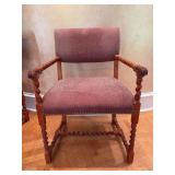 Baker Furniture wooden armchair featuring distinct bobbin-turned or barley-twist legs, arms, and stretchers with a reddish-textured upholstered seat and back - 24-1/2 x 20 x 30 tall to seat (36 tall o