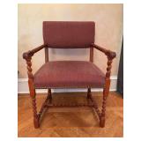 Baker Furniture wooden armchair featuring distinct bobbin-turned or barley-twist legs, arms, and stretchers with a reddish-textured upholstered seat and back - 24-1/2 x 20 x 30 tall to seat (36 tall o