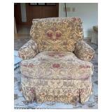 Baker Furniture classic skirted club armchair upholstered in a traditional damask tapestry fabric - 37 x 21 x 20 tall to seat (36 tall overall)
