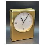 Authentic Vintage MCM Tiffany & Co Swiss Made Luxury Gold Tone Table/Desk/Mantle Clock - 4-1/2 x 1-3/4 x 6 tall - price on bottom marked $500