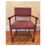 Baker Furniture wooden armchair featuring distinct bobbin-turned or barley-twist legs, arms, and stretchers with a reddish-textured upholstered seat and back - 24-1/2 x 20 x 30 tall to seat (36 tall o