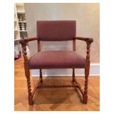Baker Furniture wooden armchair featuring distinct bobbin-turned or barley-twist legs, arms, and stretchers with a reddish-textured upholstered seat and back - 24-1/2 x 20 x 30 tall to seat (36 tall o