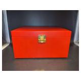 Upscale red leatherette jewelry box with multiple storage drawers and compartments - comes with key