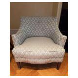 Very solid unmarked accent chair with damask floral upholstery - front legs have brass tips - 29-3/4 x 21 x 16 tall to seat (29 tall overall)
