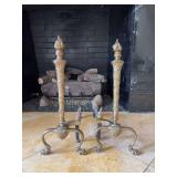 1920s Brass Traditional Flame Tip Andirons - 21" Tall