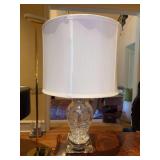 Gorgeous Crystal Clear Industries crystal lamp with etched florals, diamond design, white drum shade and crystal prism finial - 22” tall