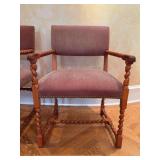 Baker Furniture wooden armchair featuring distinct bobbin-turned or barley-twist legs, arms, and stretchers with a reddish-textured upholstered seat and back - 24-1/2 x 20 x 30 tall to seat (36 tall o